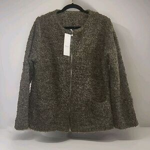 Wool Blend Jacket Sweater Women's Size‎ L Olive Green Pockets Zip-Up Cozy New